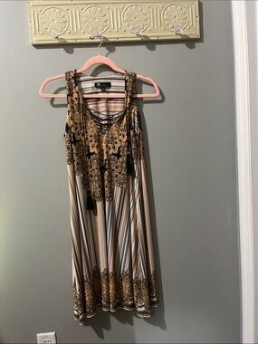 Versona Brown, Cream & Black Striped Lace-Trim Mini Dress